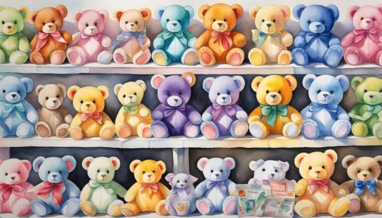 Colorful collection of teddy bears on shelves.