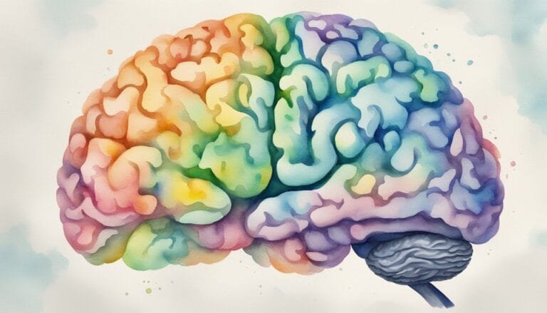 Colorful watercolor painting of a human brain.