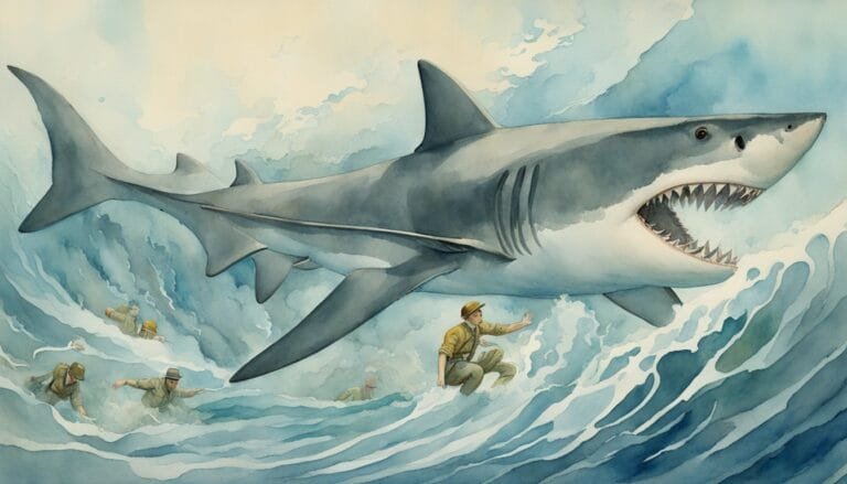 Watercolor of shark chasing people in stormy sea.