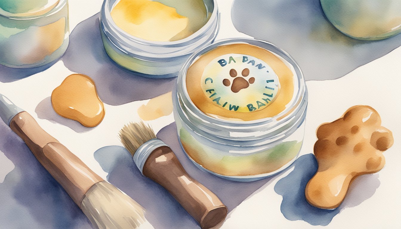 Watercolor art of pet paw balm and brushes.