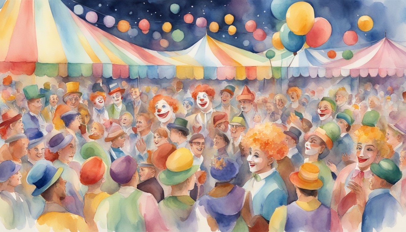 Colorful, festive carnival scene with joyful clowns and crowds.