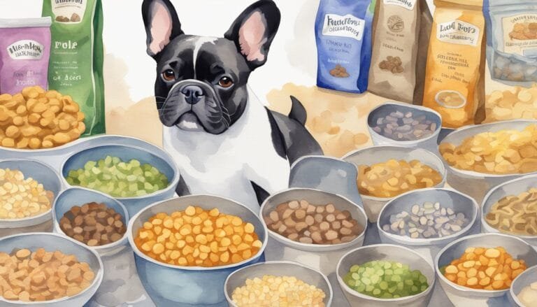 French Bulldog amid various colorful dog food bowls.