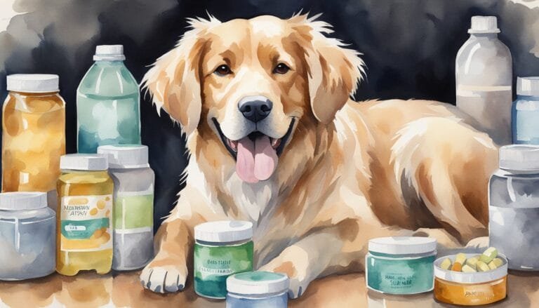 Golden Retriever with various supplement jars.