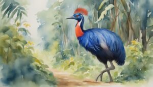 Colorful cassowary in lush forest, watercolor painting.