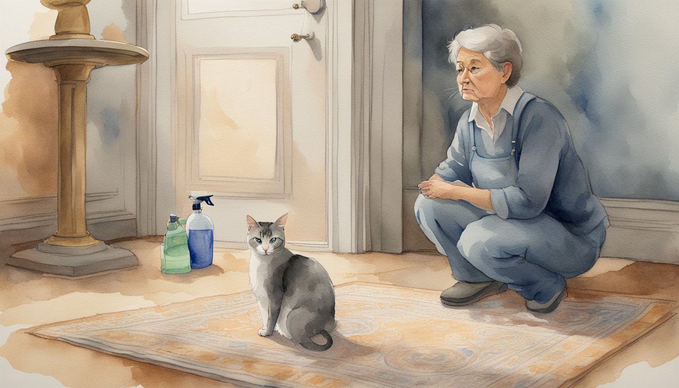 Elderly woman and cat near doorway, watercolor illustration.