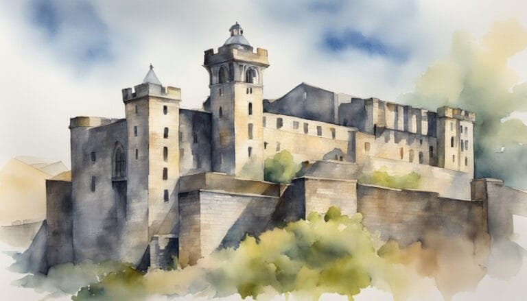 Watercolor painting of historical stone castle with clouds.