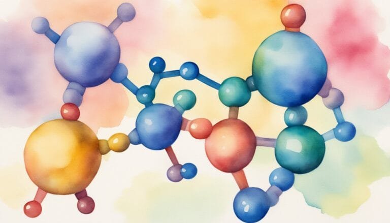 Colorful molecular structure illustration on watercolor background.