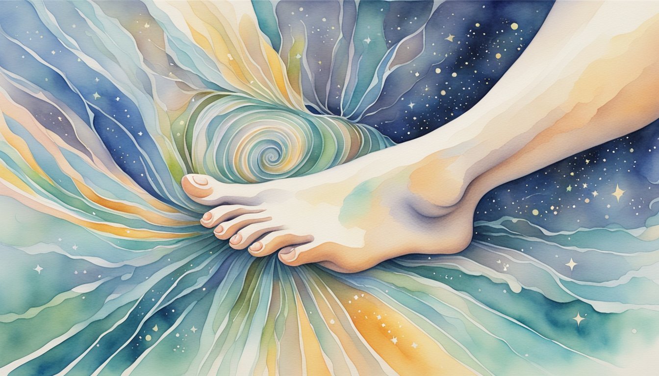 Colorful watercolor painting of intertwined hands and cosmos.