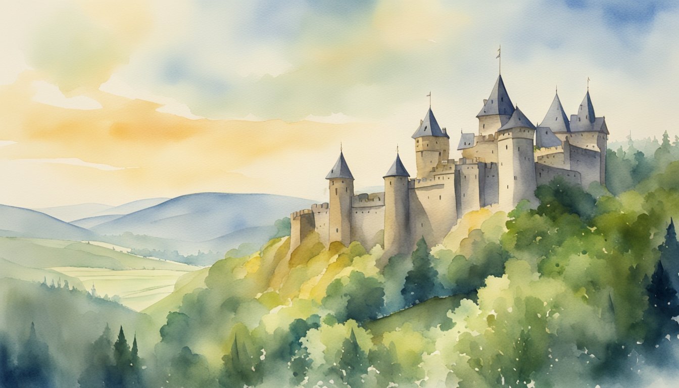 Watercolor painting of a castle amidst rolling hills.