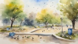 Watercolor painting of serene park with people and birds.