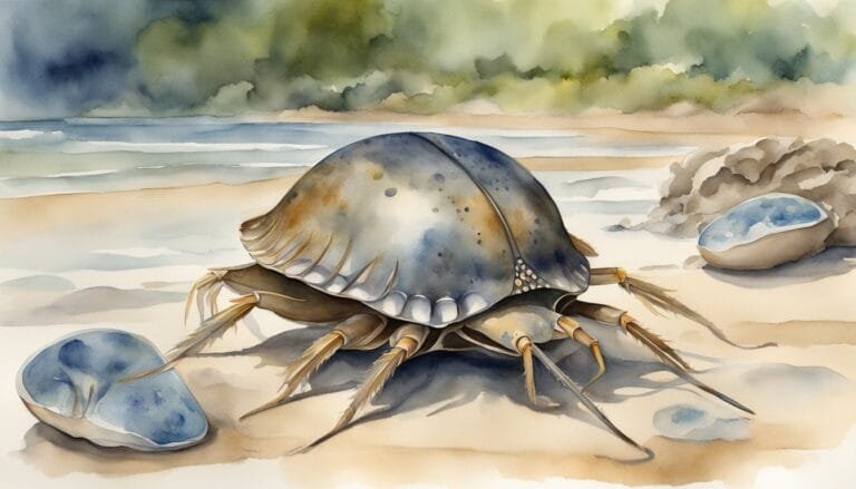 Watercolor painting of horseshoe crab on sandy beach.