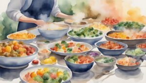 Person preparing colorful dishes in a watercolor illustration.