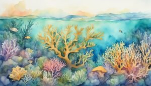 Colorful watercolor coral reef with fish and sea landscape.