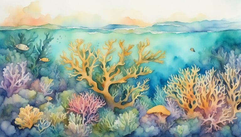 Colorful watercolor coral reef with fish and sea landscape.