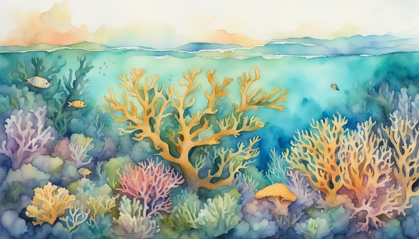 Colorful watercolor coral reef with fish and sea landscape.