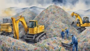 Workers sorting plastic at recycling plant with machinery.