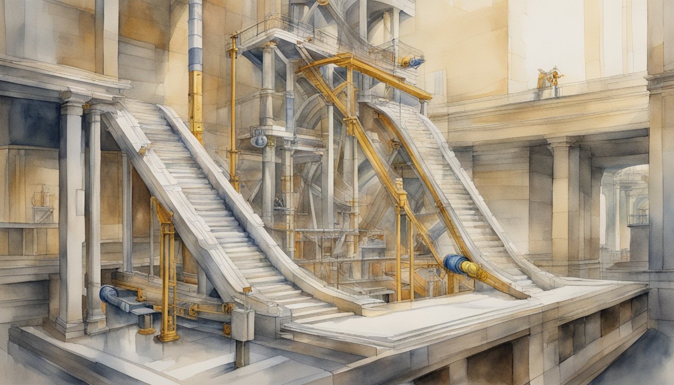 Watercolor of intricate historical building with mechanical structures.