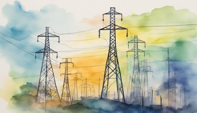 Watercolor illustration of power lines at sunrise.