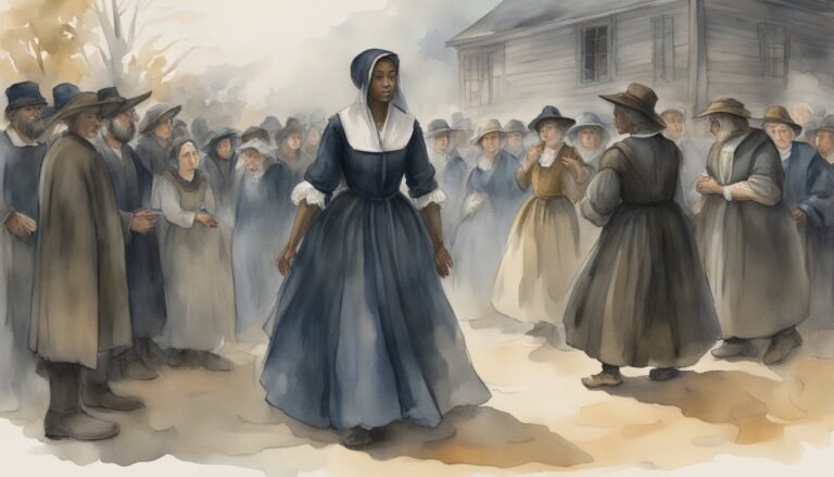 Colonial woman standing before a crowd of settlers.