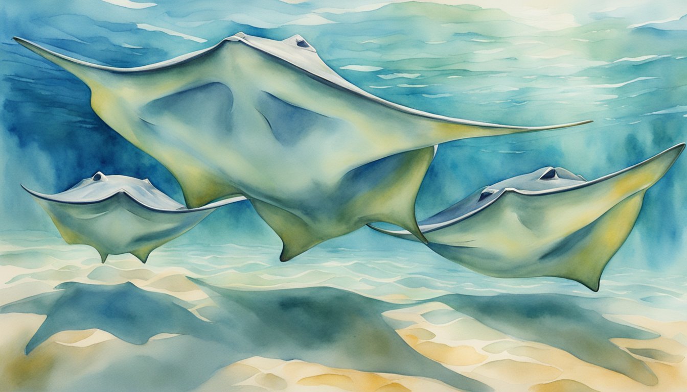 Watercolor painting of manta rays swimming underwater.