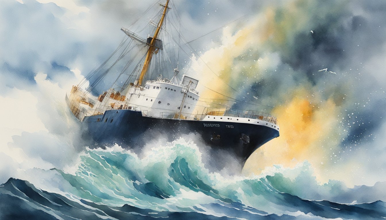 Watercolor painting of ship battling stormy sea.