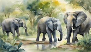 Watercolor painting of three elephants in a lush forest.