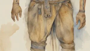 Detailed watercolor of medieval pants and ornate belt.