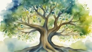 Watercolor painting of a lush, sprawling tree.