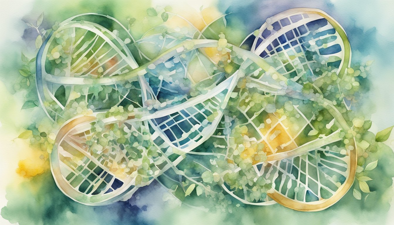 Watercolor painting of abstract DNA strands and foliage.