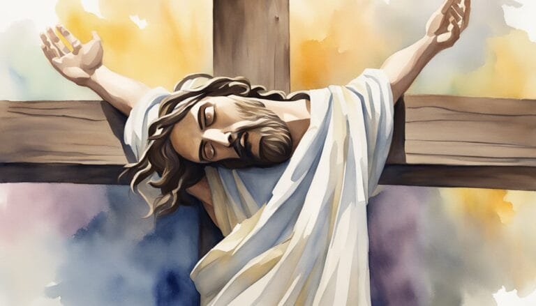 Painting of Jesus crucified with arms extended.