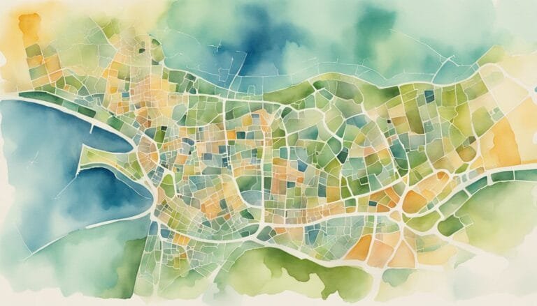 Watercolor city map illustration with colorful abstract design.
