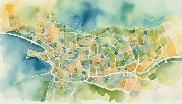 Watercolor city map illustration with colorful abstract design.
