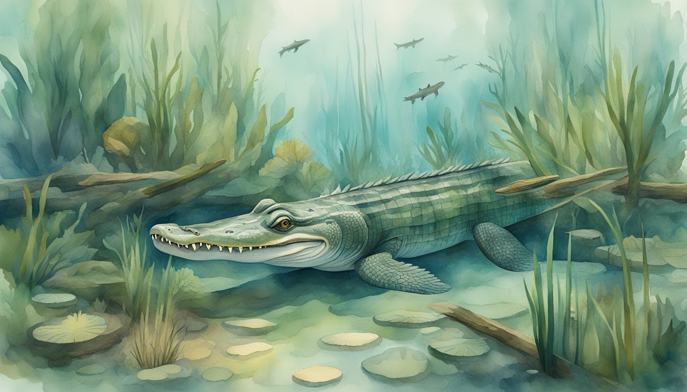 Alligator submerged in serene aquatic habitat, watercolor style.