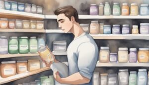 Man browsing supplements at health store.