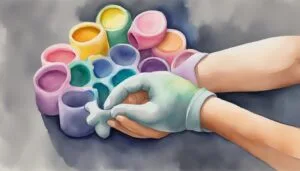 Colorful paint cups and artist's hands in watercolor style.