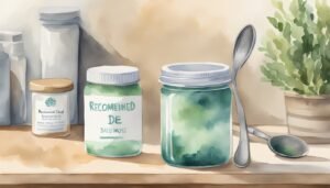 Watercolor of jars and plants on a wooden shelf.