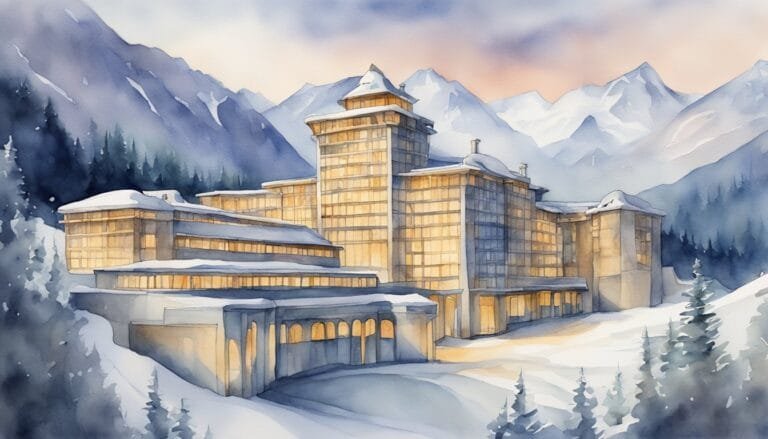 Watercolor illustration of snowy mountain resort.