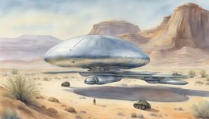 Futuristic spacecraft lands in desert landscape with vehicles.