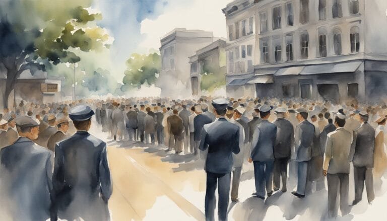 Watercolor painting of crowded urban gathering in daylight.
