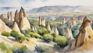 Watercolor painting of Cappadocia's fairy chimneys and lush landscape.