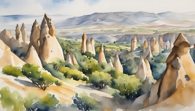 Watercolor painting of Cappadocia's fairy chimneys and lush landscape.