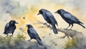 Five crows on branch, watercolor background.