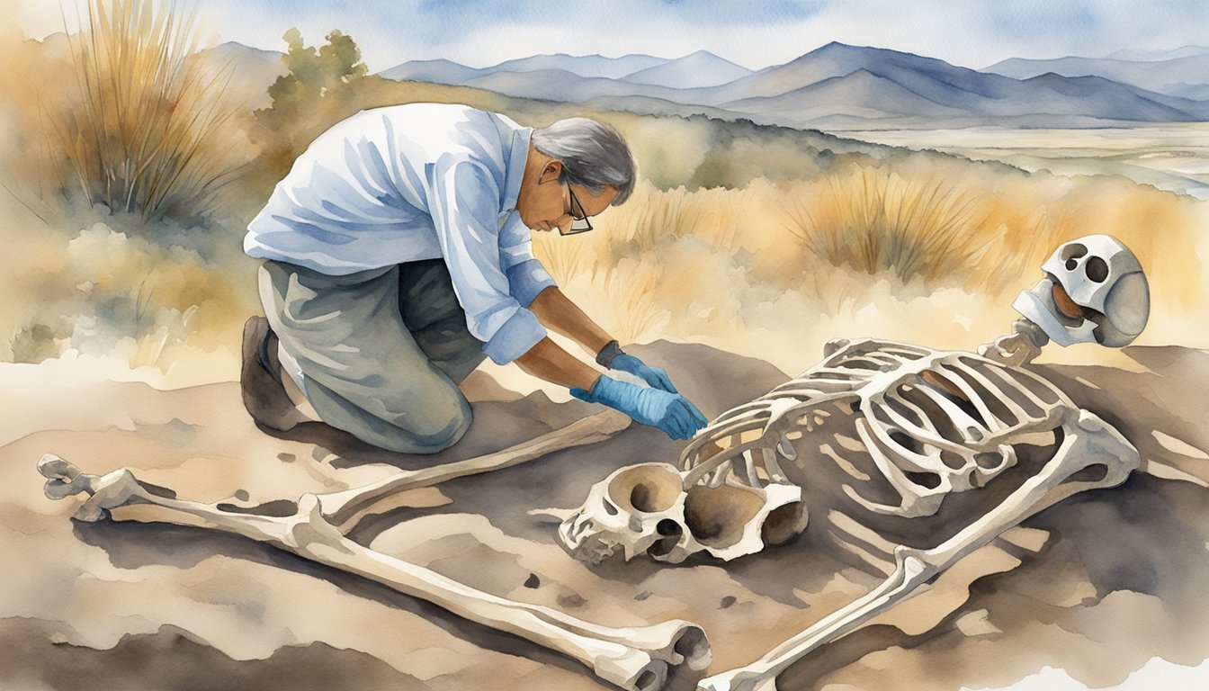 Archaeologist examining skeleton in desert excavation site.