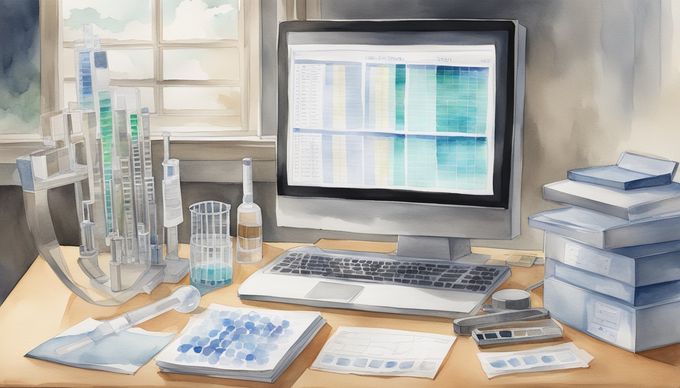 Watercolor of laboratory setup with computer and test tubes.