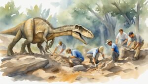 Paleontologists excavating with dinosaur illustration in background.