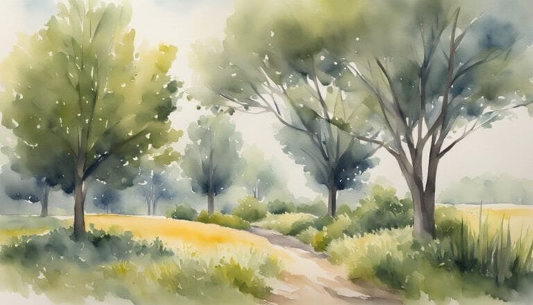 Watercolor painting of serene forest path.