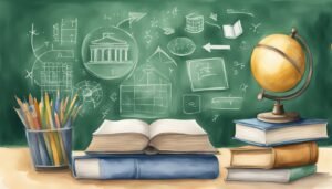 Conceptual educational illustration with books, globe, and chalkboard.