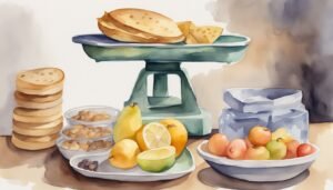 Watercolor still life of fruit and bread on scale.