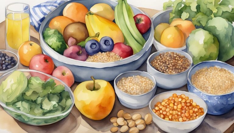 Colorful watercolor painting of assorted fruits and grains.