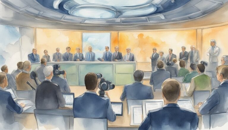 Group of leaders at press conference, watercolor illustration.